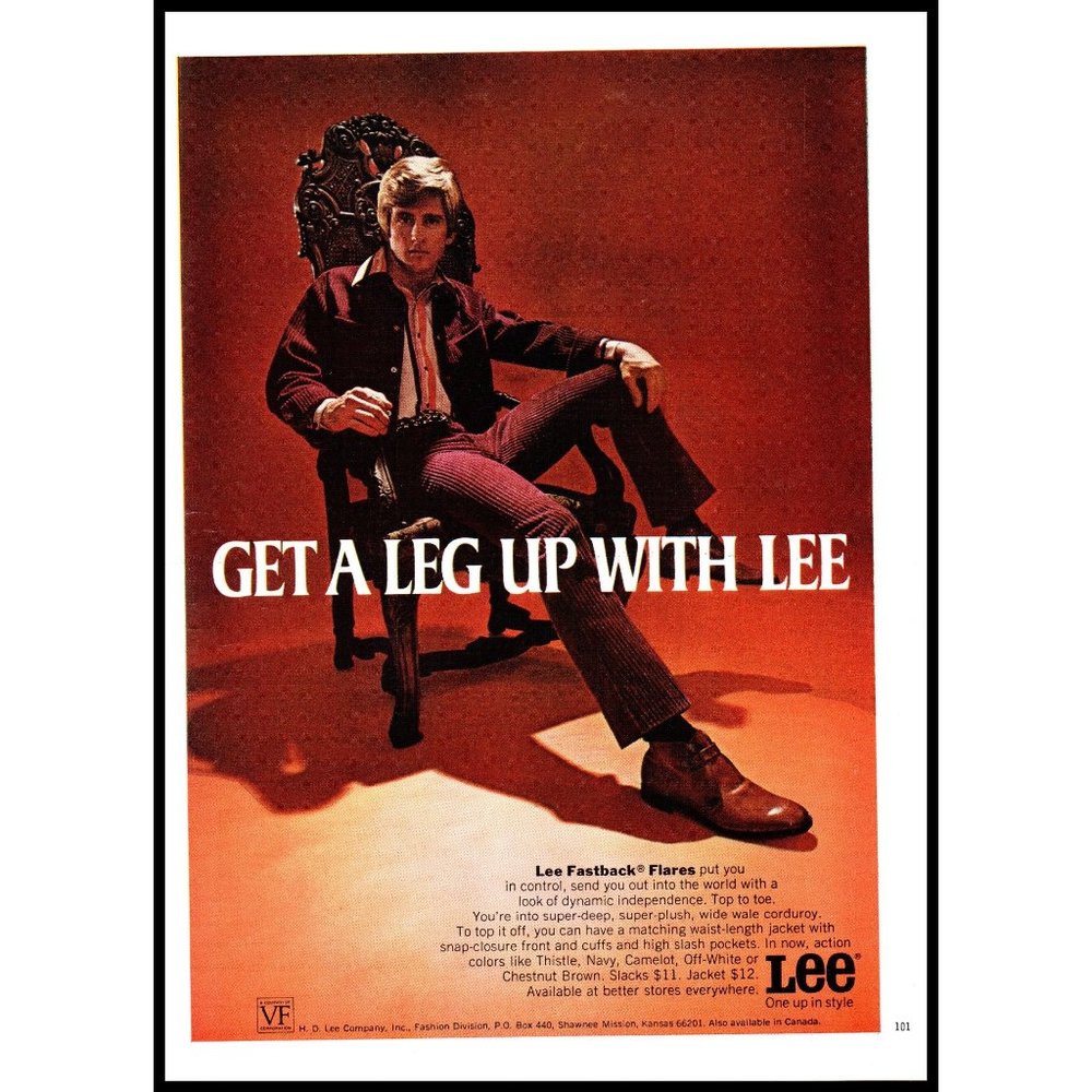 1970 Lee Clothing Fastback Flare Leg Pants Vintage Print Ad Corduroy Wall Art